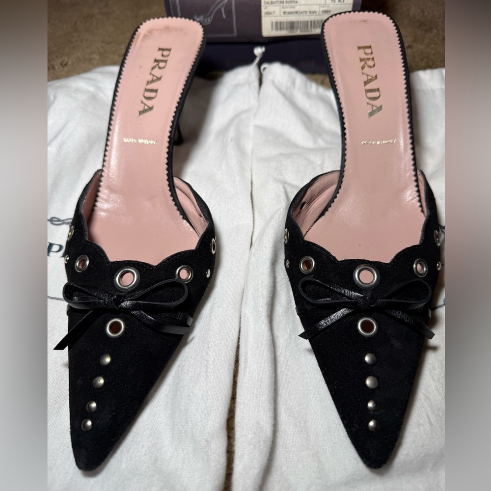 Prada Black Bow Grommet Eyelet Mule Heels